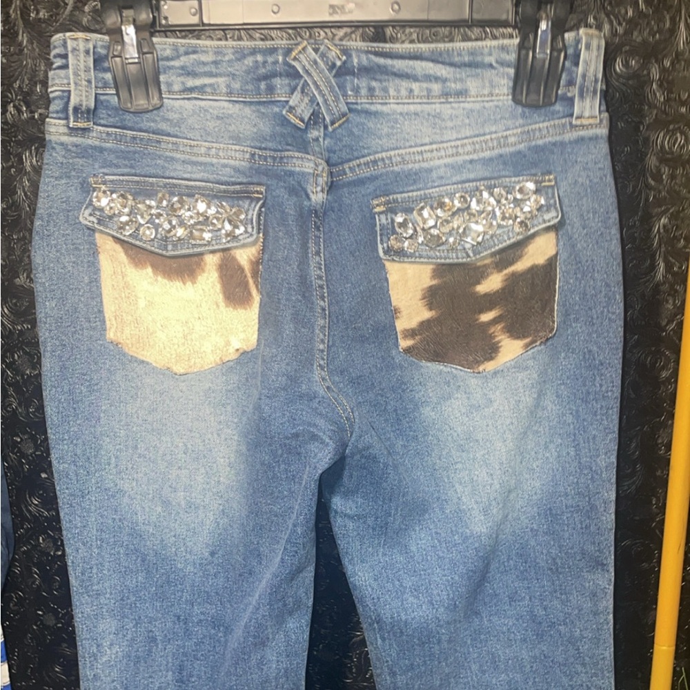 Cow Print Jeans with Rhinestone Trim - Picture 2 of 7